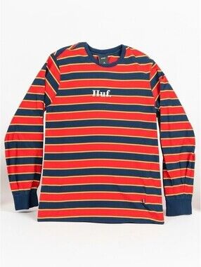 HUF Men Shirt L Red Embroidery Striped Long Sleeve Skater Y2K